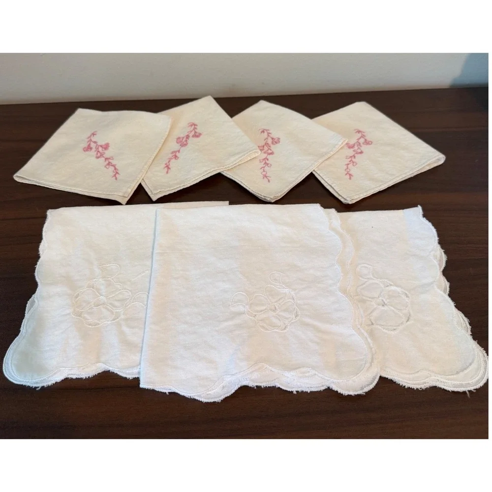 Vintage Hand Embroidered Linen Napkin Set Pink Floral Scalloped White 7pc Mixed